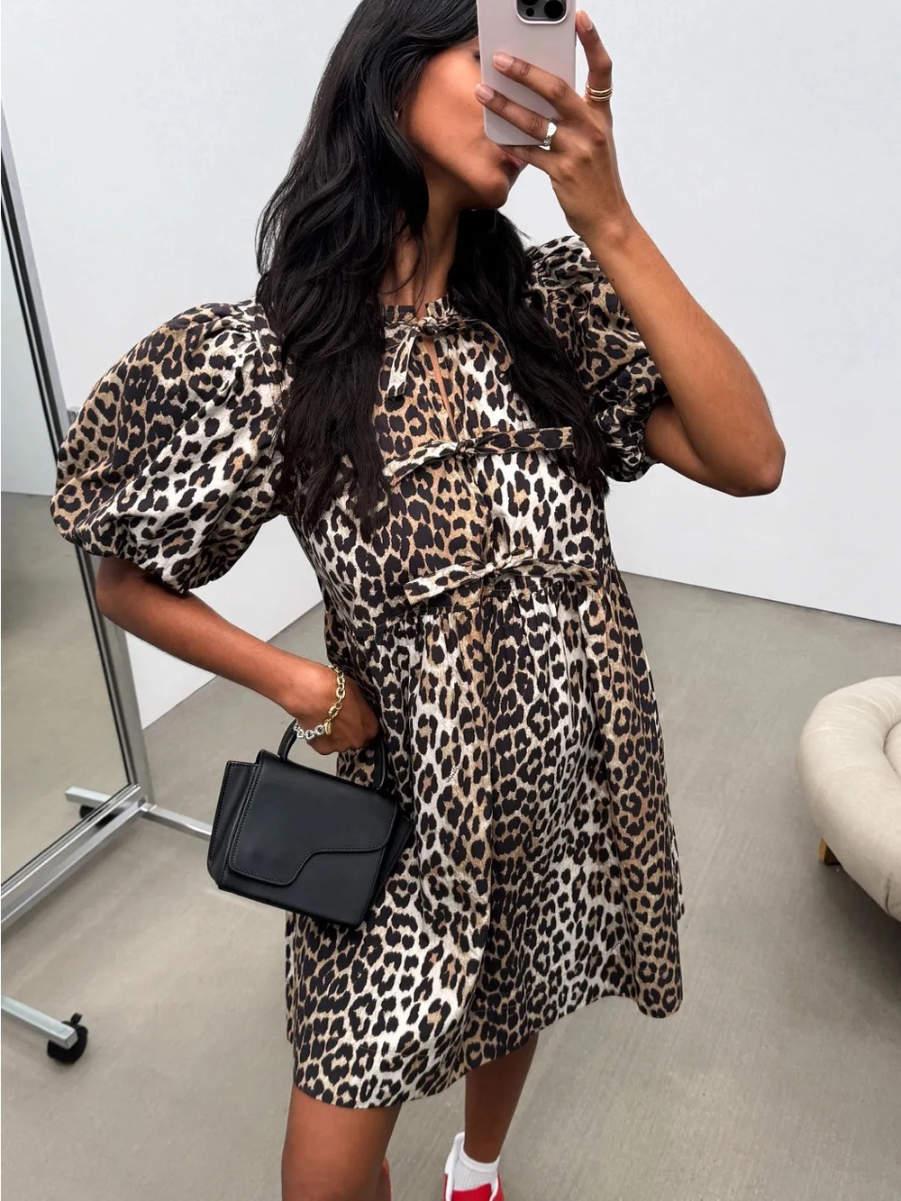 Ganni Leopard-Print Puff-Sleeve Mini Dress in Brown and Cream